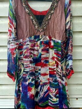 Beautiful "Kurti" style Handmade Silk Dress sz 38 Embellished
